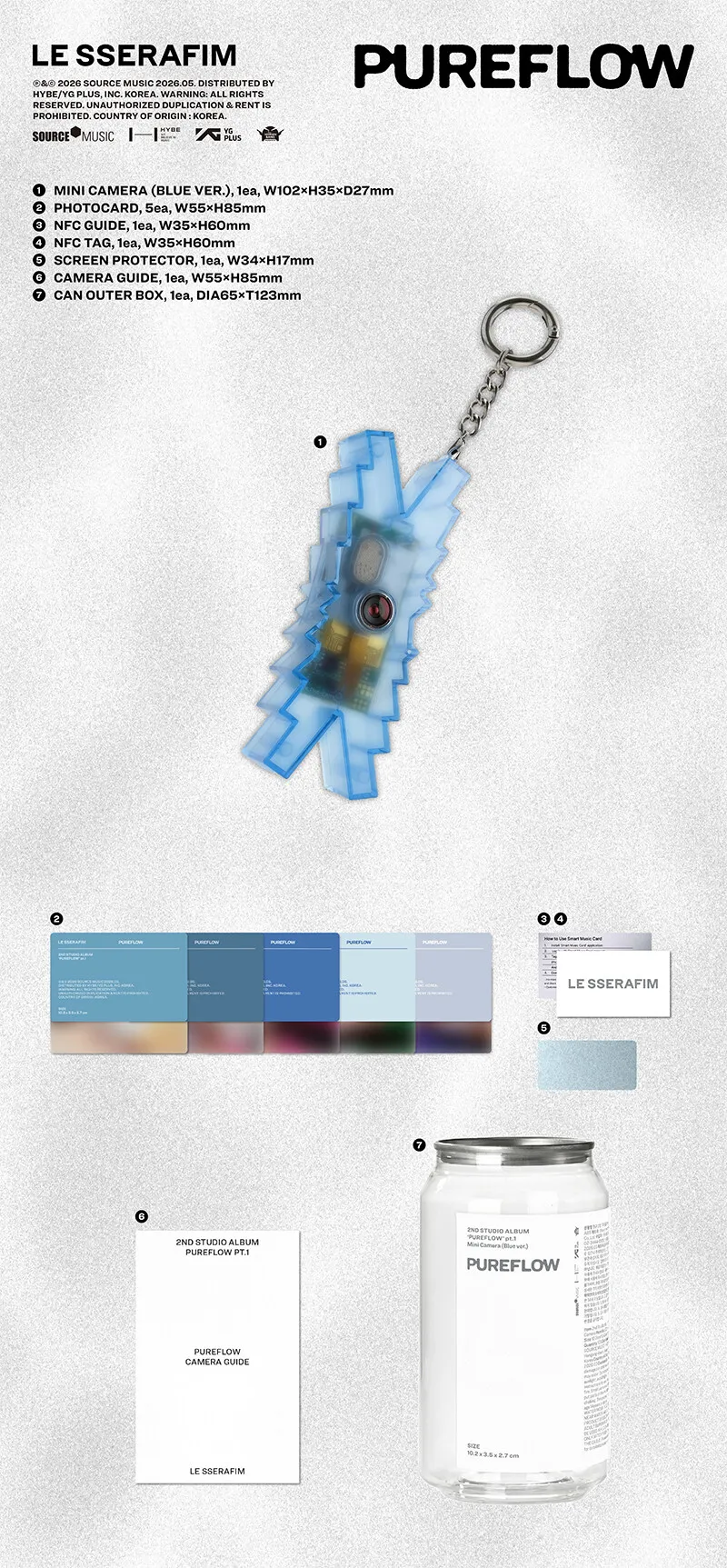 [WEVERSE POB] LE SSERAFIM – 2nd Studio Album ‘PUREFLOW’ pt.1 Mini Camera (Blue ver.) details